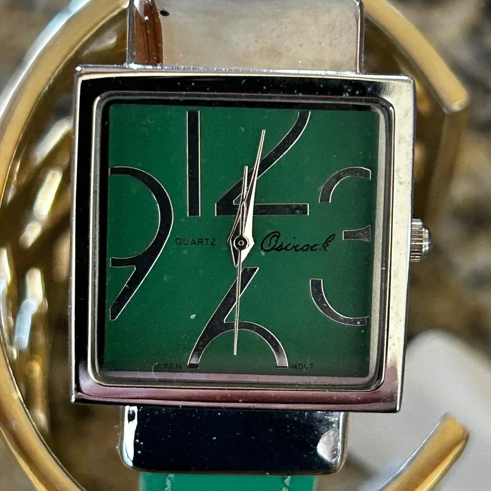 OsirockWomen Cuff Watch Green Square Face Silver Tone Stainless Steel Japan Movt - Picture 2 of 7
